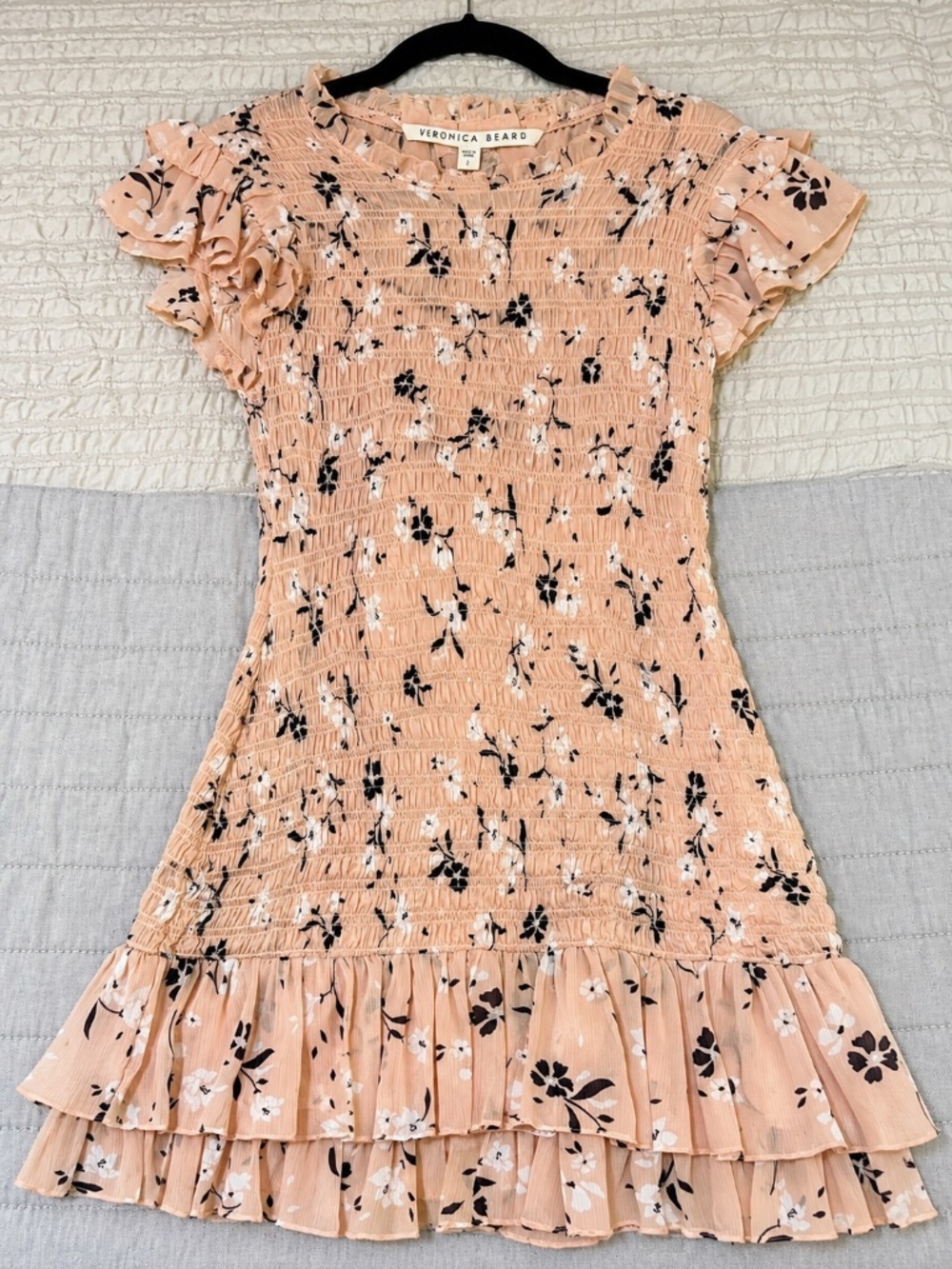 Veronica Beard Size 2 Floral Smocked Mini Dress Ruffle Tiered Pink Black